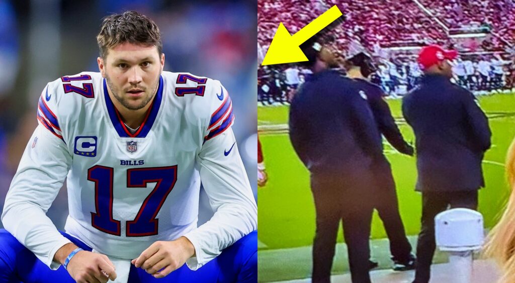 Josh Allen looks on and the 49ers sideline with an arrow.