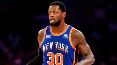 Julius Randle of the New York Knicks dribbles.