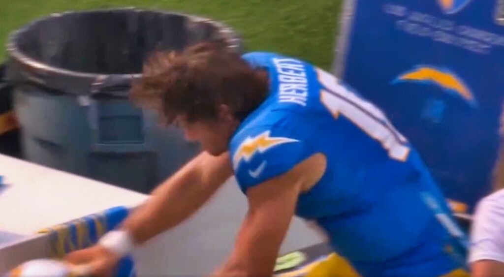 Justin Herbert smashing his helmet on the sidelines during loss vs. Kansas City Chiefs.