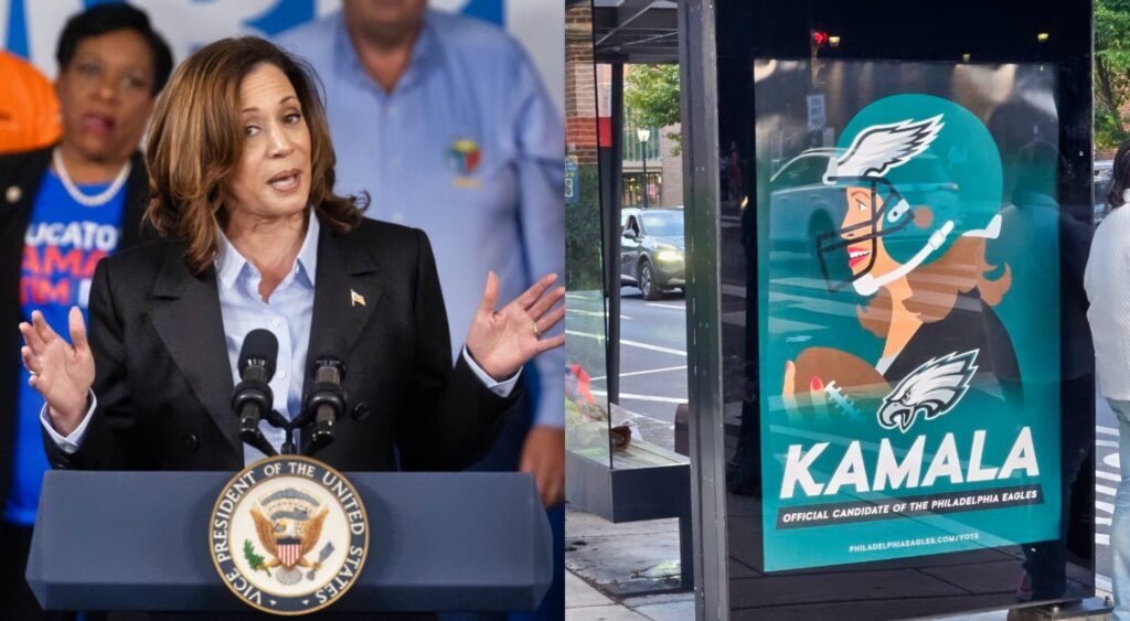 Kamala Harris at rally and Philadelphia Eagles Ad on bus stop