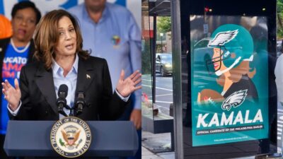 Kamala Harris at rally and Philadelphia Eagles Ad on bus stop