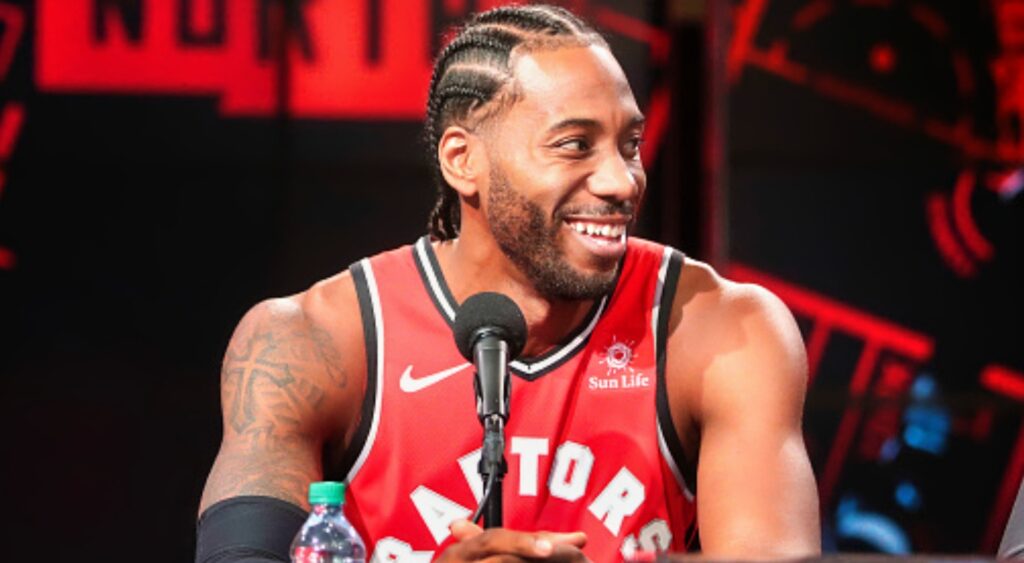 Kawhi Leonard's distinctive laugh during his first press conference as a Raptor in 2018 continues to be ridiculed by fans