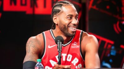 Kawhi Leonard's distinctive laugh during his first press conference as a Raptor in 2018 continues to be ridiculed by fans