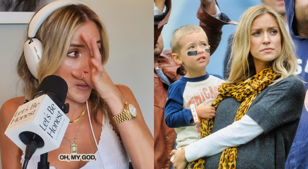 Photo of Kristin Cavallari with hand on her face and photo of Krisin Cavallari holding her son