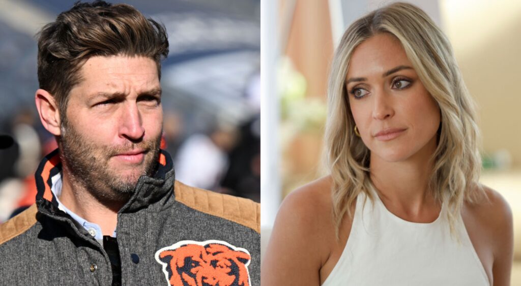 Kristin Cavallari sitting on couch and Jay Cutler in Bears jacket