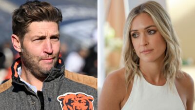 Kristin Cavallari sitting on couch and Jay Cutler in Bears jacket