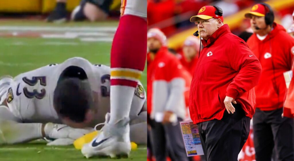 Kyle Van Noy injured on the ground and Andy Reid on the Chiefs sideline.