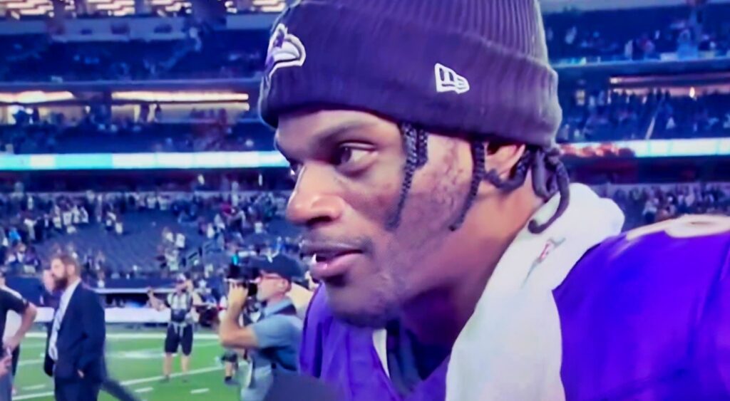 Lamar Jackson speaks during postgame interview