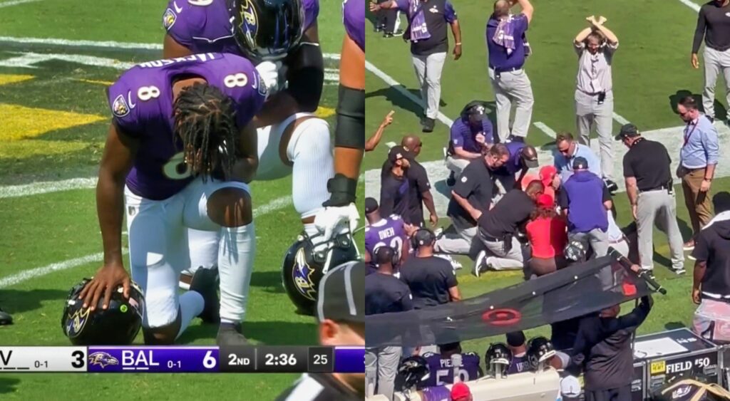 Lamar Jackson and Ravens players kneeling