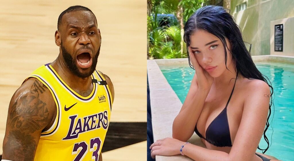 LeBron James yelling and Vanessa Reinhardt posing in a pool.