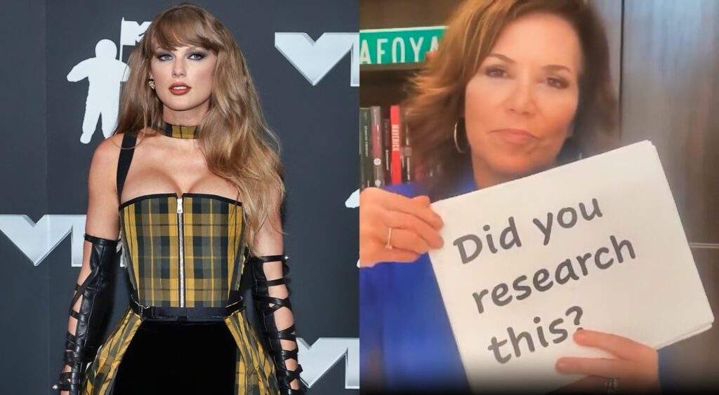 Michele Tafoya holding sign and Taylor Swift posing