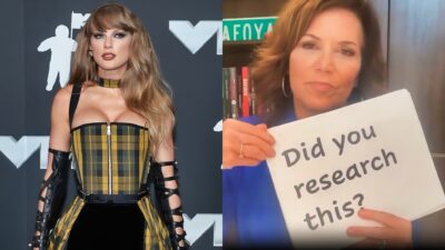 Michele Tafoya holding sign and Taylor Swift posing