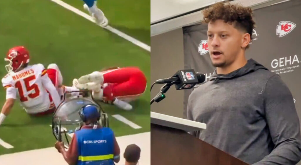 Photo of Patrick Mahomes and Rashee Rice after injury and photo of Patrick Mahomes speaking in press conference