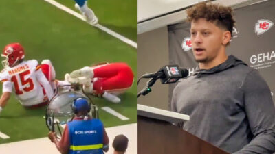 Photo of Patrick Mahomes and Rashee Rice after injury and photo of Patrick Mahomes speaking in press conference