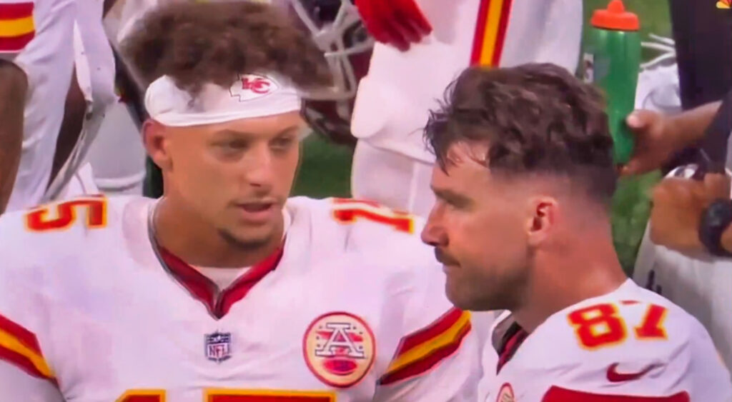 Patrick Mahomes speaking to Travis Kelce