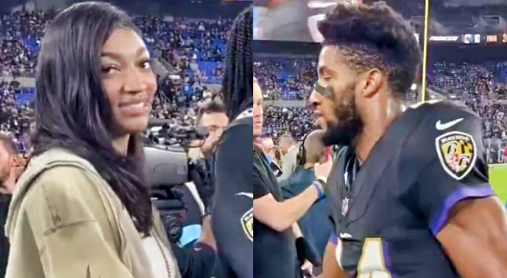 VIDEO: Fans Noticed A WWE Superstar Lurking In The Background While Ravens  Marlon Humphrey Was Shooting His Shot At Angel Reese During Sunday Night  Football