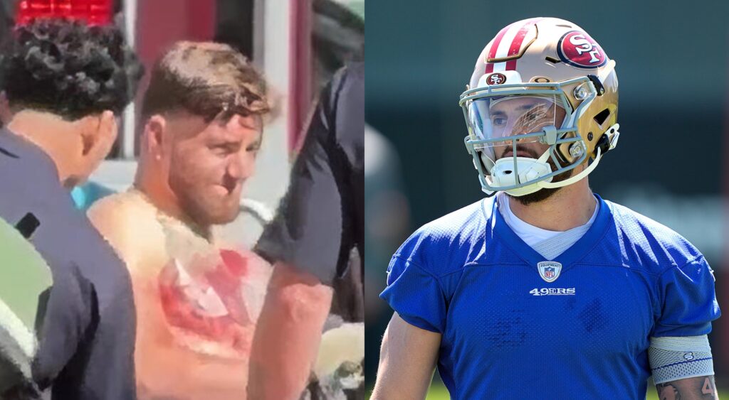 Ricky Pearsall after getting shot and Ricky Pearsall on the field during practice.