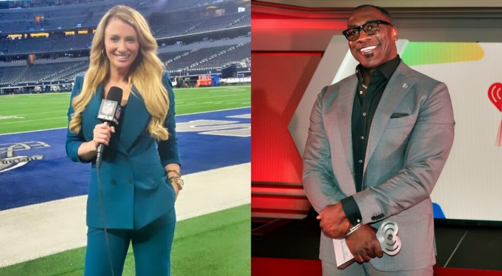 Shannon Sharpe posing in gray suit and Jane Slater in Cowboys stadium holding a microphone