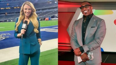 Shannon Sharpe posing in gray suit and Jane Slater in Cowboys stadium holding a microphone