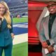 Shannon Sharpe posing in gray suit and Jane Slater in Cowboys stadium holding a microphone