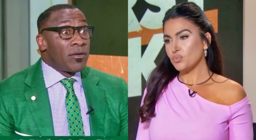 Shannon Sharpe with a shocked look and Molly Qerim puckering her lips.