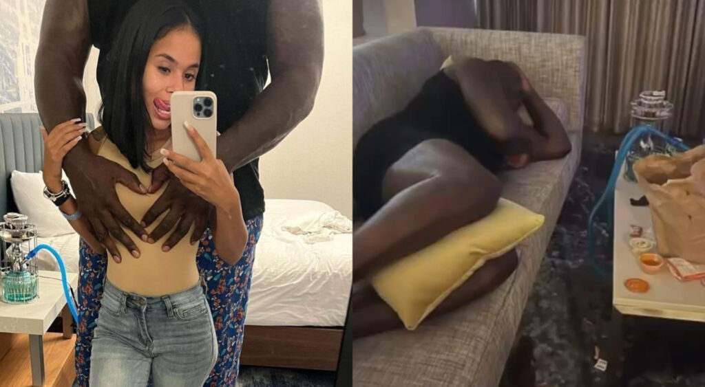 Photo of Shaq holding woman from the back and photo of Shaq sleeping