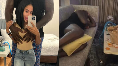 Photo of Shaq holding woman from the back and photo of Shaq sleeping