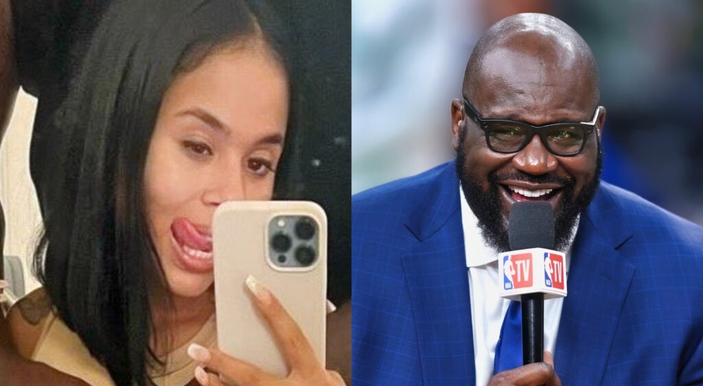 Maria posing with and Shaq on NBA TV