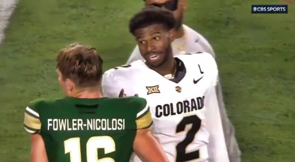 Shedeur Sanders and Brayden Fowler-Nicolosi during postgame handshakes