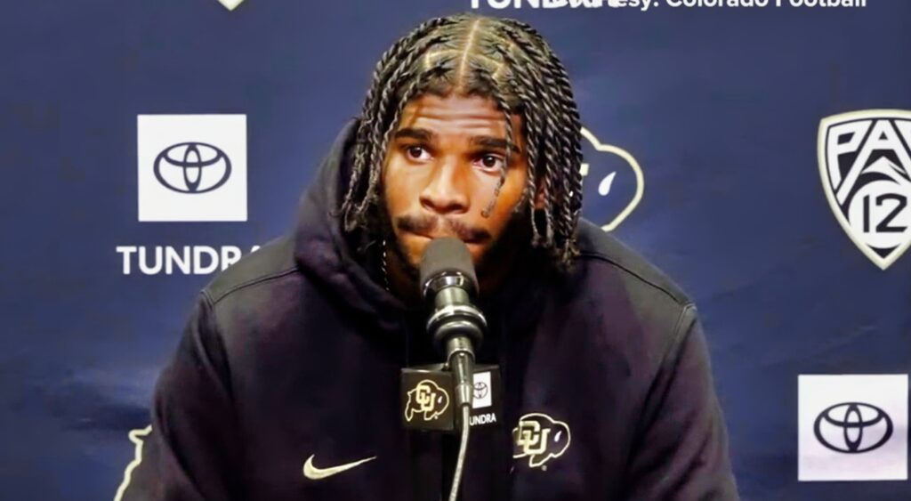 Colorado QB Shedeur Sanders at a press conference.