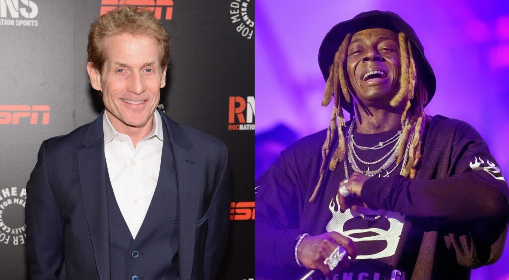 Skip Bayless posing on the red carpet and Lil' Wayne performing at a concert.