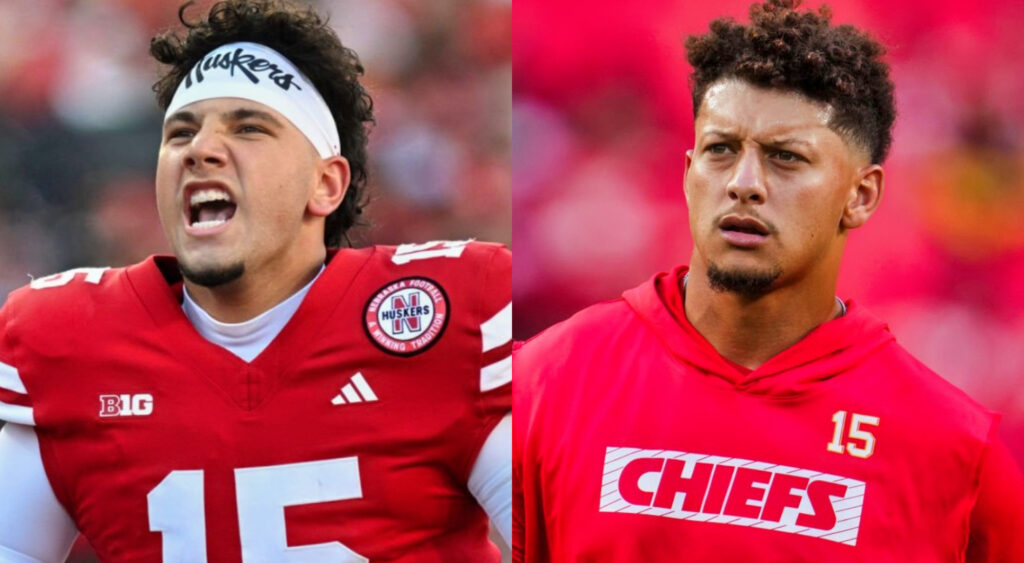 Dylan Raiola looking on (left). Patrick Mahomes warming up (right).