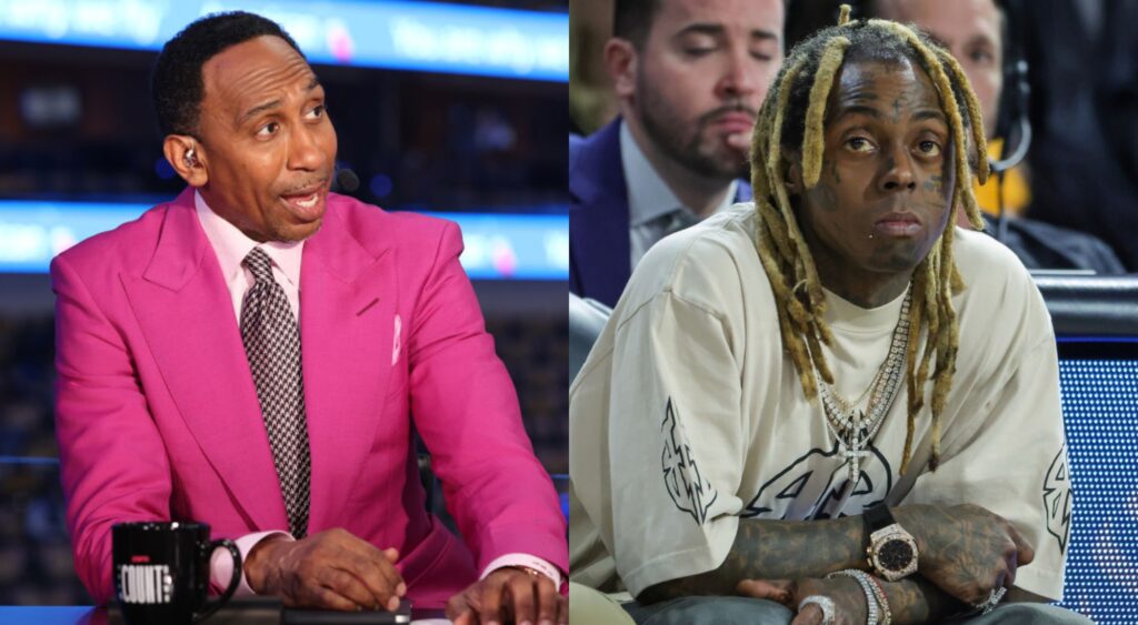 Stephen A Smith in pink suit and Lil Wayne sitting courtside