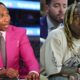 Stephen A Smith in pink suit and Lil Wayne sitting courtside