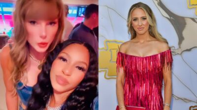 Taylor Swift and Chariah Gordon posing and Brittany Mahomes posing in pink dress