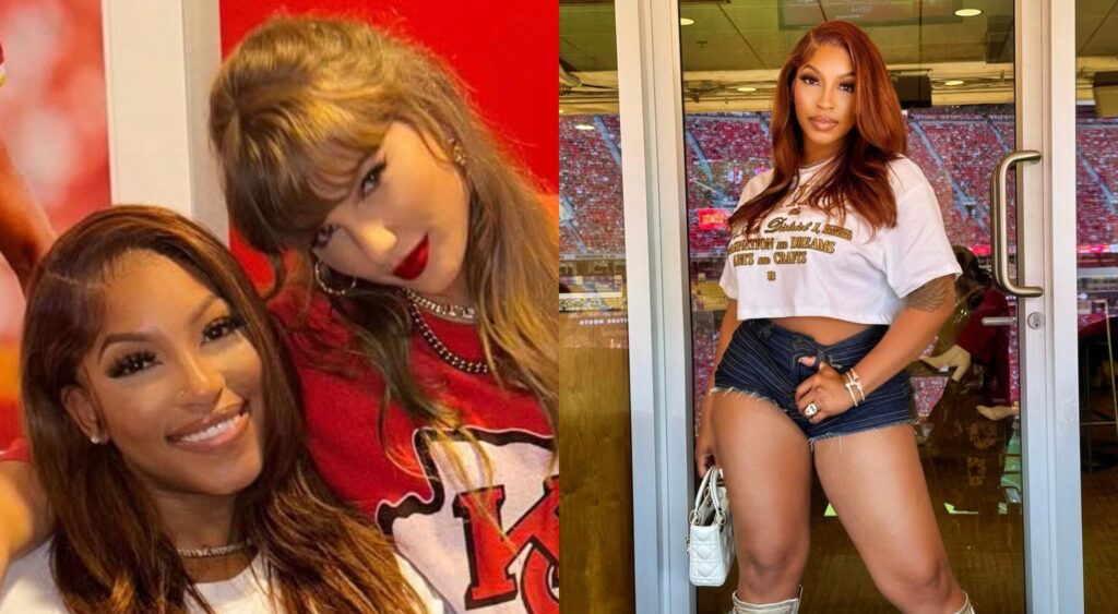 Chariah Gordon posing for a photo with Taylor Swift and Chariah posing alone at Arrowhead Stadium.