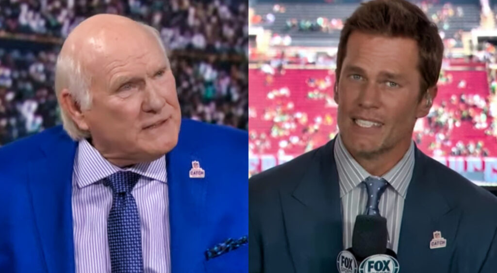 Photos of Terry Bradshaw and Tom Brady speaking on FOX broadcast