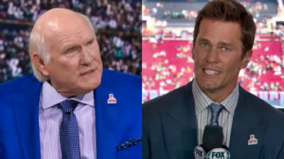 Photos of Terry Bradshaw and Tom Brady speaking on FOX broadcast