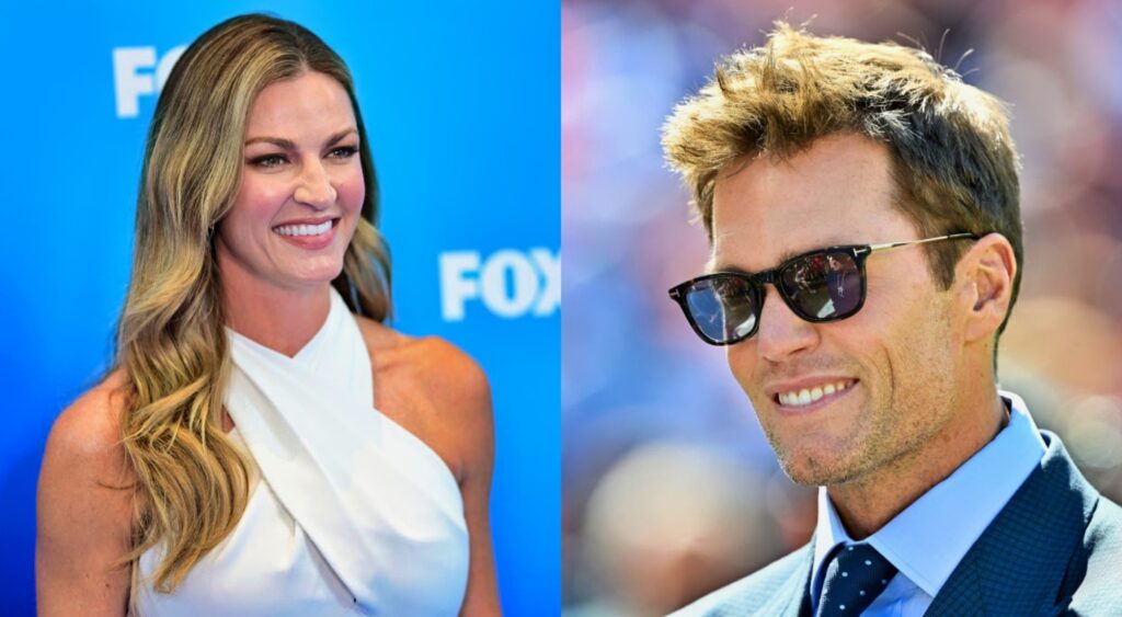 Tom Brady in suit and Erin Andrews posing in dress