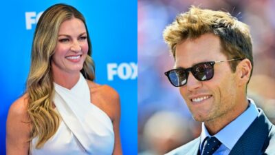 Tom Brady in suit and Erin Andrews posing in dress