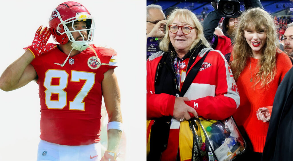 Photo of Travis Kelce with a hand to his ear and photo of Donna Kelce with Taylor Swift