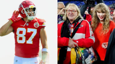 Photo of Travis Kelce with a hand to his ear and photo of Donna Kelce with Taylor Swift