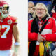 Photo of Travis Kelce with a hand to his ear and photo of Donna Kelce with Taylor Swift