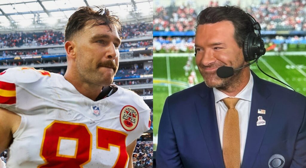 Travis Kelce makes his way off the field after a game and Tony Romo provides commentary.