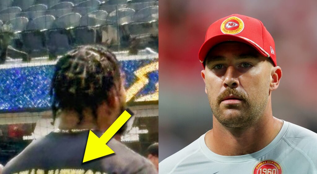 Chiefs player wearing Travis Kelce shirt and Travis Kelce looking on.