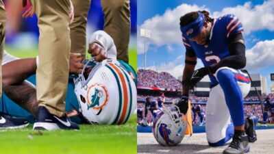 Tua Tagovailoa on ground and Damar Hamlin praying