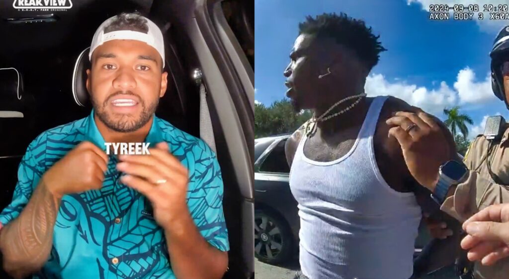 Tua Tagovailoa speaking and Tyreek Hill being arrested.