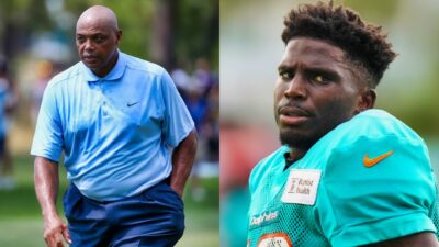 Tyreek Hill in uniform and Charles Barkley on golf course