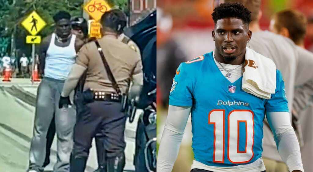 Tyreek Hill being arrested and Tyreek hill on the field.