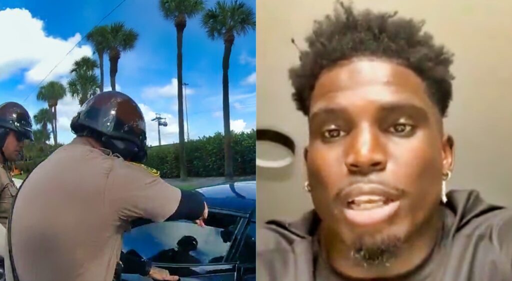 Miami Police officers at Tyreek Hill's car and Tyreek Hill speaking during a CNN interview.